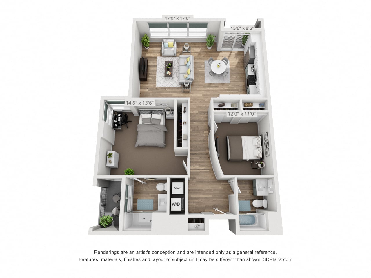 Floor plan for 2 beds, 2 baths, 1340 sqft